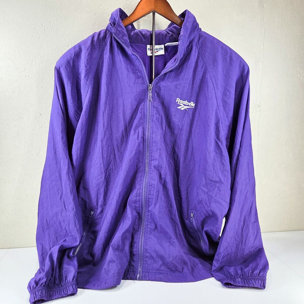 Vintage 90s Reebok Vector Hooded Purple Nylon Windbreaker Jacket Sz XL